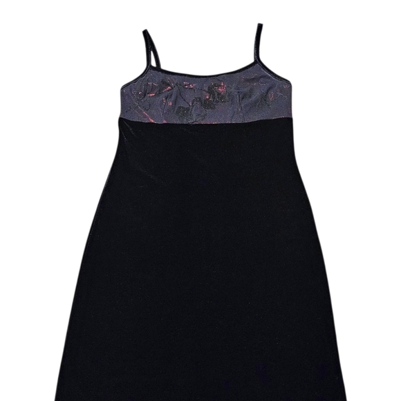 VTG 579 Black Velvet Evening Gown Sz 1 Floral Shimmer Bodice Slit Whimsigoth 90s - Picture 15 of 15